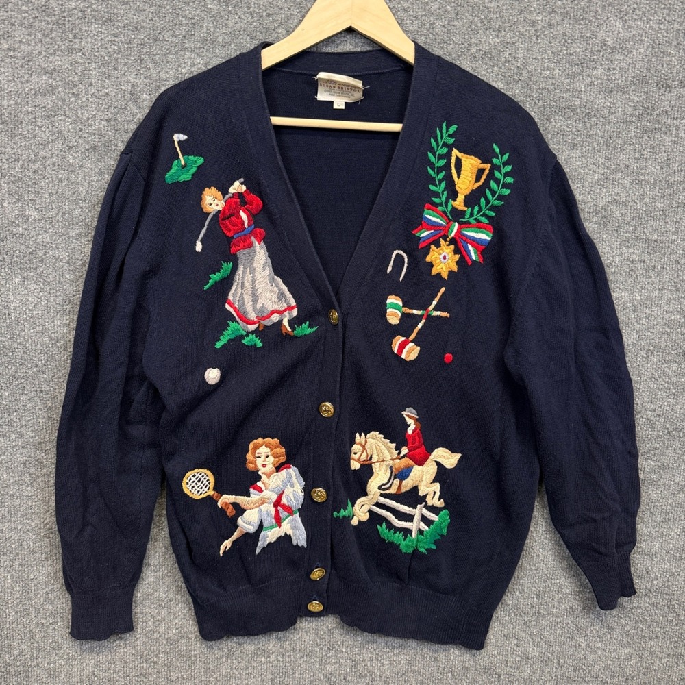 Vintage Susan Bristol Womens Size Large Cardigan Sweater Navy Cotton Embroidered